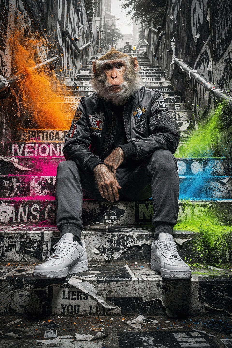 Street Rebel – schilderij aap met jas op trap, urban en kleurrijk kunstwerk