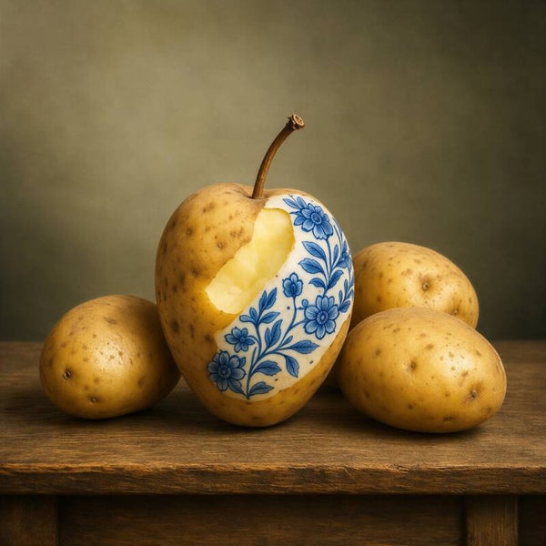 Delftse Aardappel – aardappel stilleven met Delfts blauw patroon