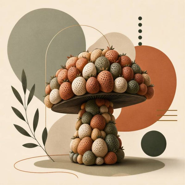 Aardbeien Paddenstoel – Abstract schilderij met aardbeien in retro aardetinten
