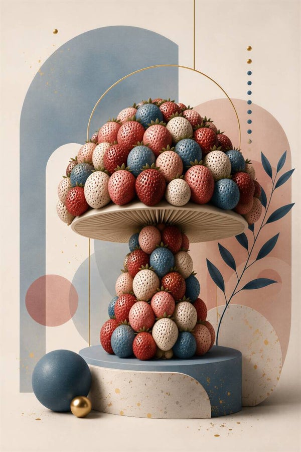 Aardbeien Parade – Paddenstoel van aardbeien in roze, rood en blauw