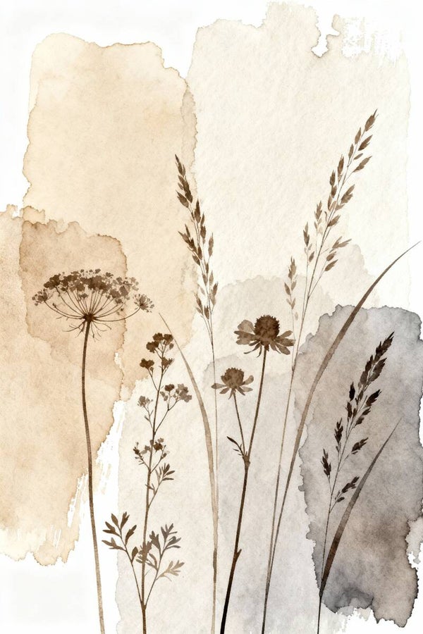 Aardegras – botanisch schilderij met veldbloemen in aardetinten