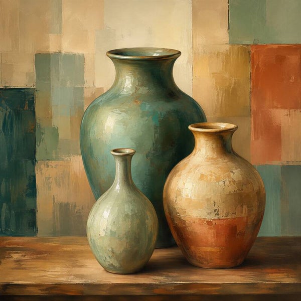 Aardse Harmonie – kleurrijk stilleven met groene en terracotta vazen
