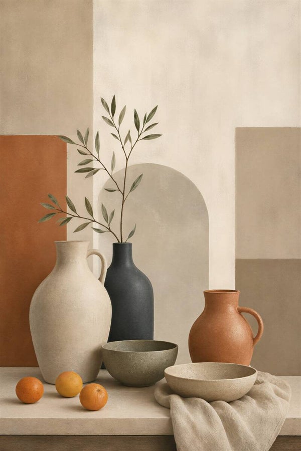 Aardse Stilte – abstract keuken schilderij vazen terracotta beige