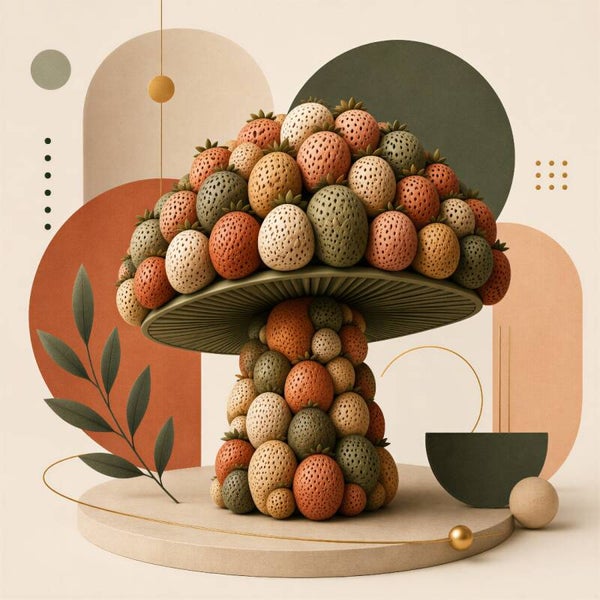 Oogst op Niveau – abstract aardbeien schilderij oranje groen crème goud keuken