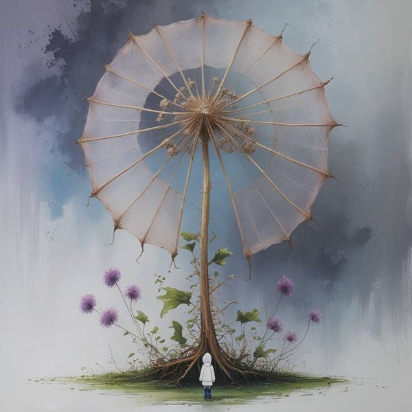 Ver boven Verbeelding – schilderij met abstract silhouet en bloemvorm in blauwpaarse sfeer