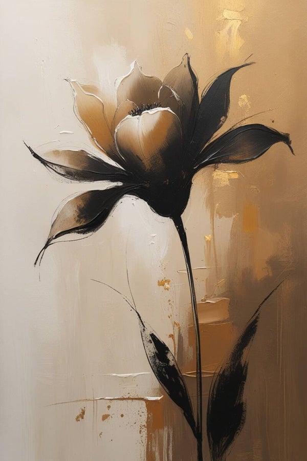 Gouden Stilte – abstract bloemenschilderij in bruin en zwart