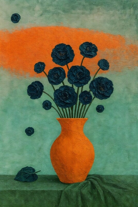 Bloemenschilderij Midnight Blooms – blauwe bloemen in oranje vaas