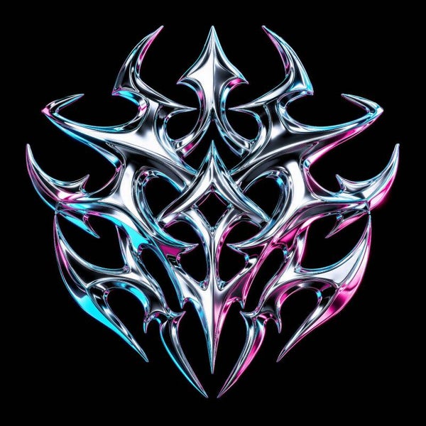 Chrome Thorn – Abstract Cyber Symbool Schilderij Chroom Zwart Neon Blauw Roze