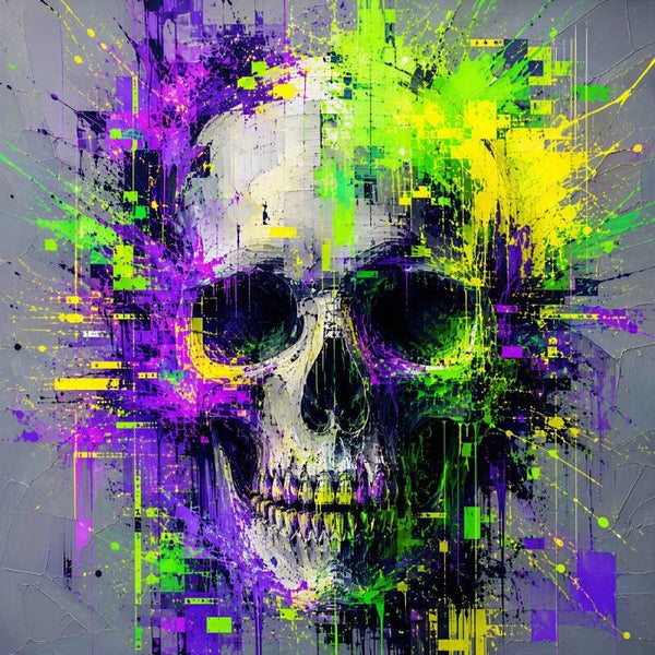 Toxic Pulse – Abstract Doodshoofd Schilderij Neon Groen Paars en Geel