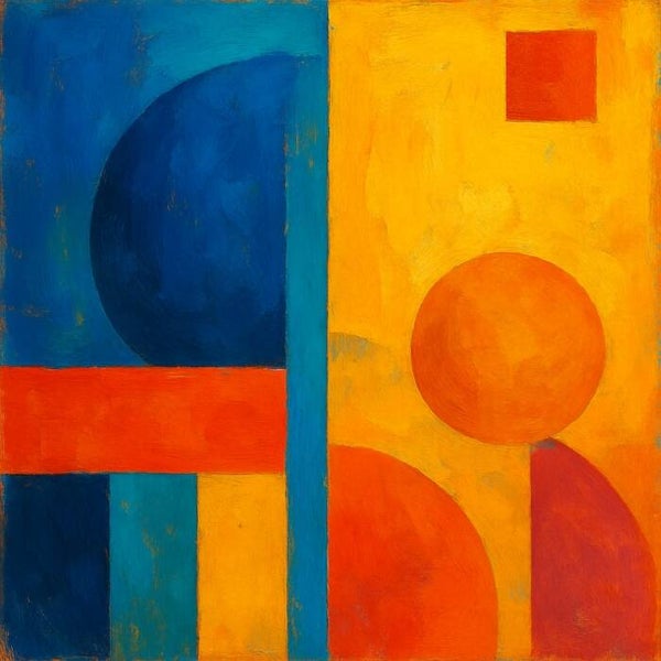 Kleurenbalans – abstract schilderij met blauw, geel en oranje