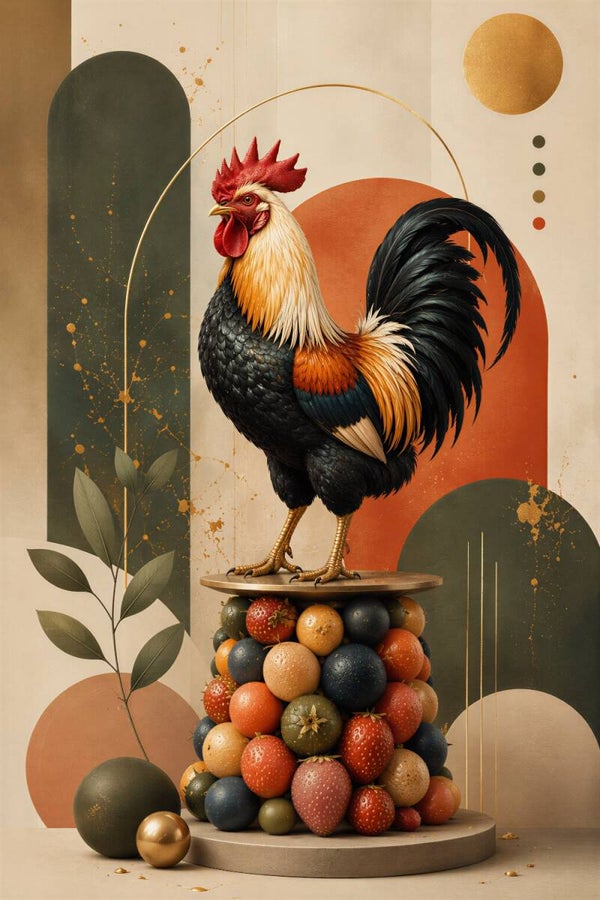 Haan op Hoogte – abstract haan schilderij fruit oranje groen zwart goud keuken