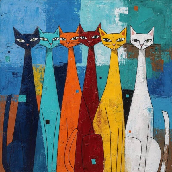 Kattenparade – abstract katten schilderij kleurrijke moderne kunst