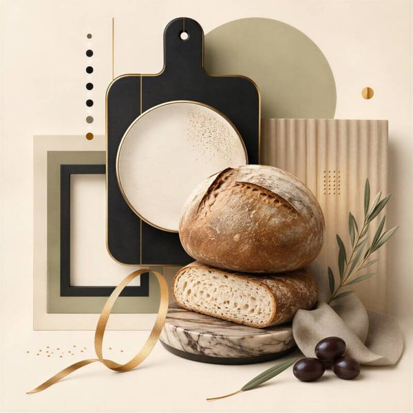 Brood & Olijf – abstract keuken schilderij brood zwart beige goud