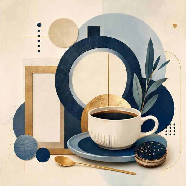 Koffie in Blauw – abstract keuken schilderij koffie goud blauw beige