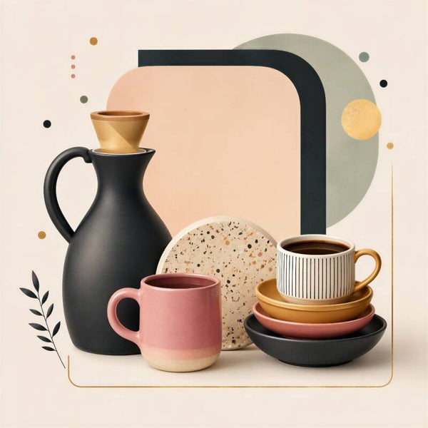 Koffiemoment – abstract keuken schilderij koffiekopjes zwart roze goud