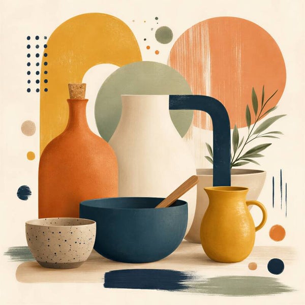 Kleur aan Tafel – abstract keuken schilderij vazen blauw oranje okergeel