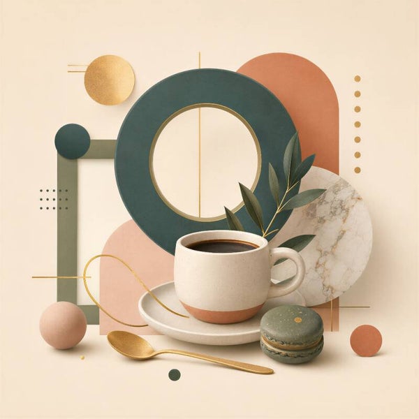 Koffiemoment in Balans – abstract keuken schilderij groen terracotta goud