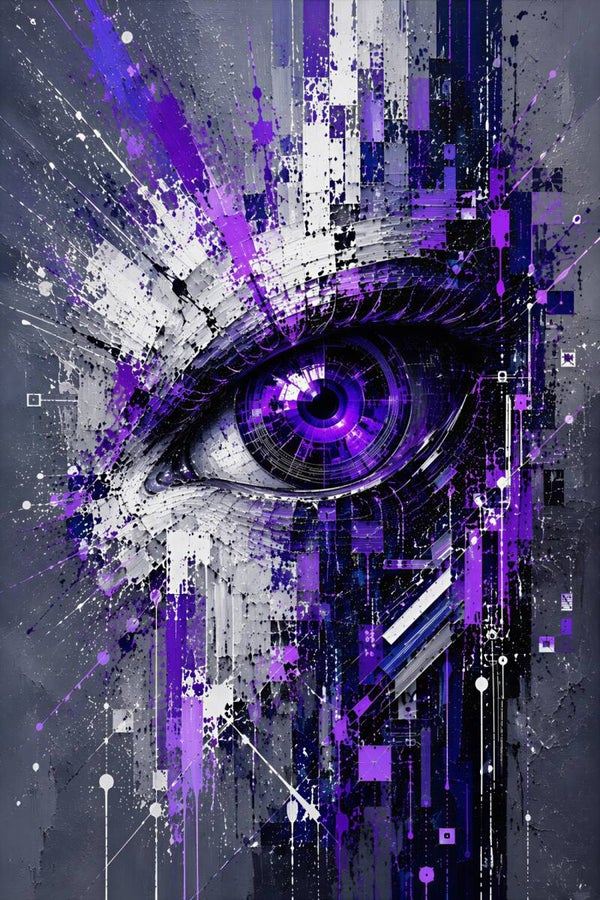 Digital Vision – Abstract Cyber Oog Schilderij Paars Zwart Grijs