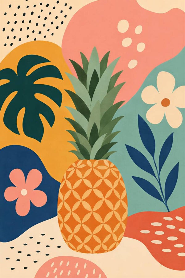 Tropische Kleurexplosie – abstract schilderij ananas bloemen oranje roze blauw
