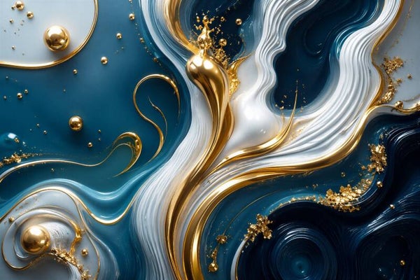 Gouden Pauwendans – Luxe abstract schilderij in blauw, wit en goud