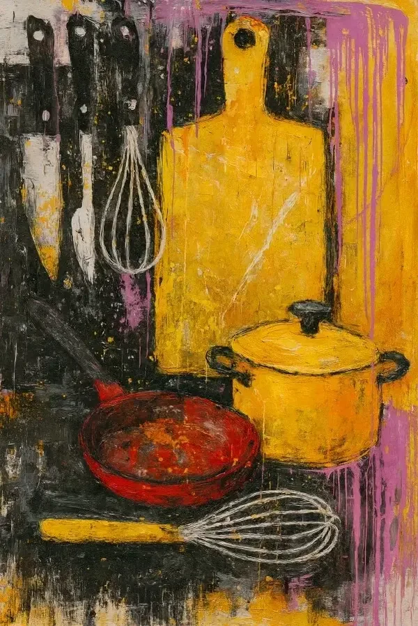 Keukenchaos – abstract schilderij met pan, mes en garde in moderne stijl/🖤 Black Friday