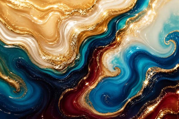 Gouden Getijden – Abstract schilderij met blauw, turquoise en goud