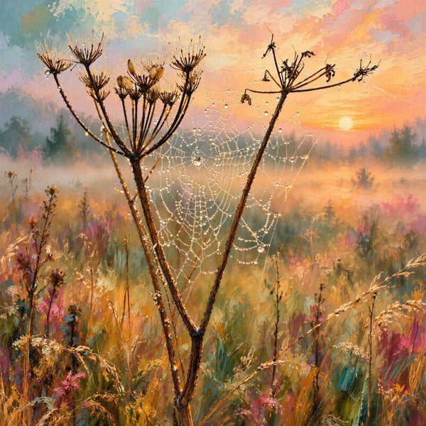 Dromerig Dauwweb – abstract schilderij met spinnenweb, schermbloemen en ochtendlicht
