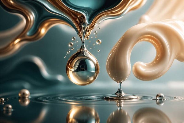 Druppel van Balans – Abstract schilderij met petrol, crème en goud