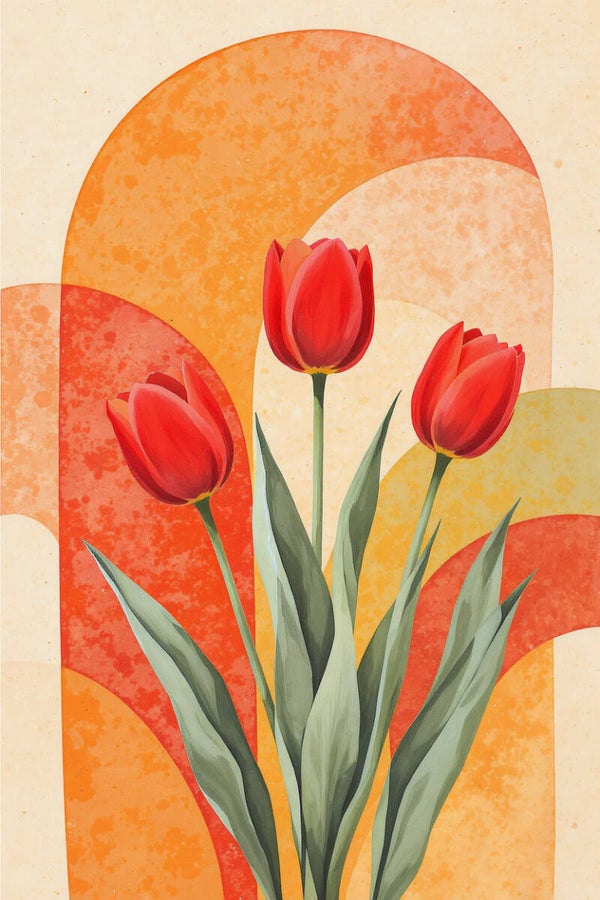 Vuurbloei – abstract tulp schilderij met roodtinten en retro oranje vormen