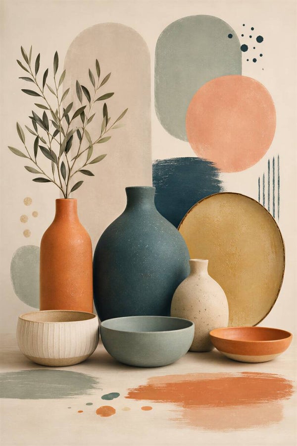 Vormen in Balans – abstract vazen schilderij oranje blauw groen beige