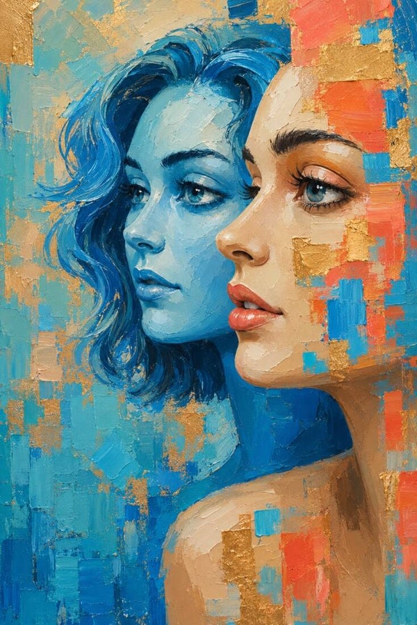 Twee Werelden in Kleur – abstract vrouw schilderij met blauw en goud