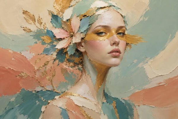 Gouden Bloesem – abstract vrouw schilderij met bloemen en bladgoud
