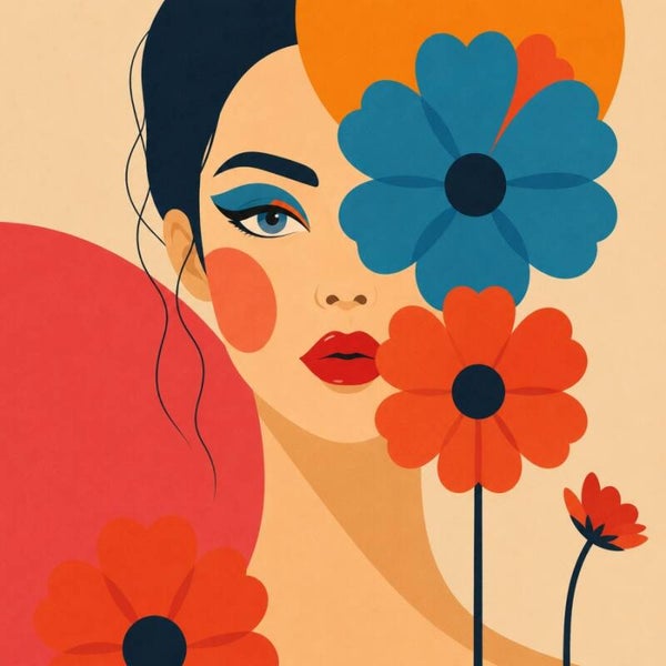 Bloemenblik – abstract vrouw schilderij met bloemen in rood en blauw