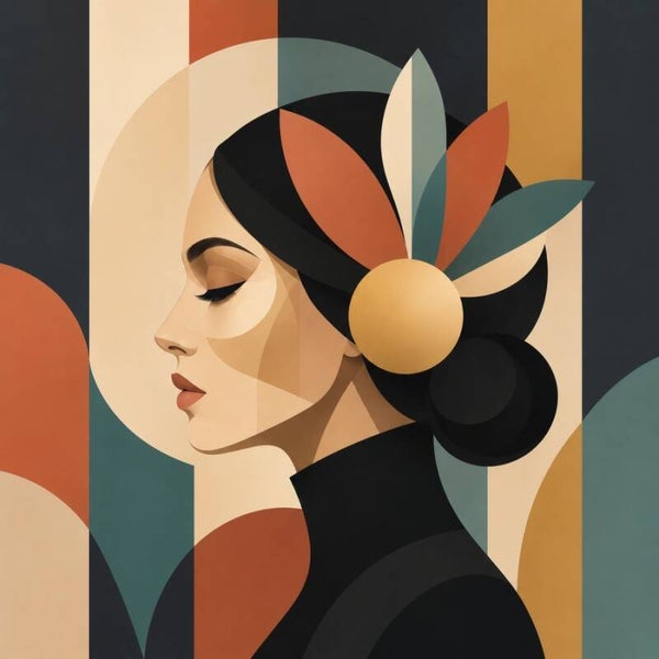 Art Deco Bloei – abstract vrouw schilderij met geometrische bloemvormen