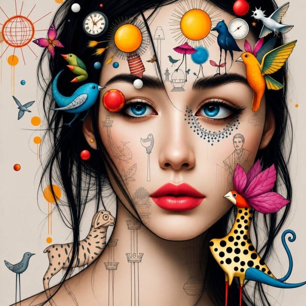 Droomdieren in Kleur – abstract vrouw schilderij met fantasievogels