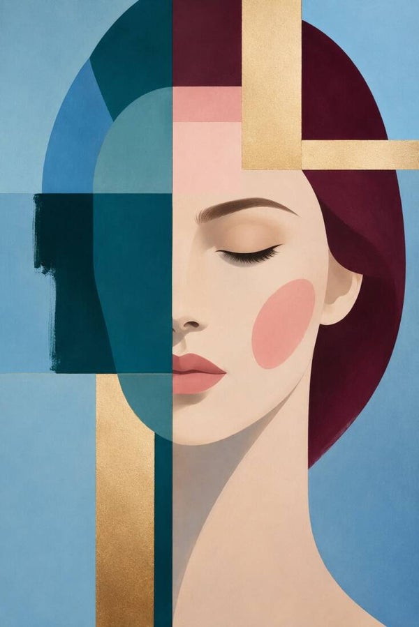 Gouden Balans – abstract vrouw schilderij met geometrische vormen