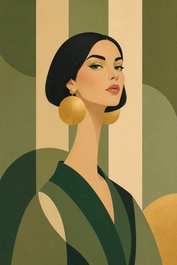 Gouden Oorbellen – abstract vrouw schilderij in groentinten