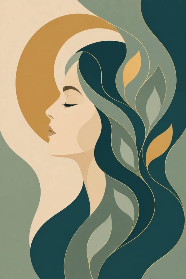 Smaragdstilte – abstract vrouw schilderij met bladeren