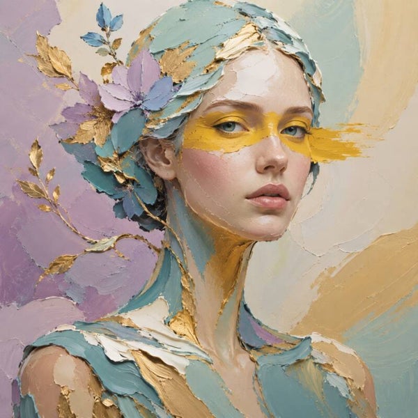 Golden Veil – Abstract vrouw schilderij met bloemen en goudaccenten