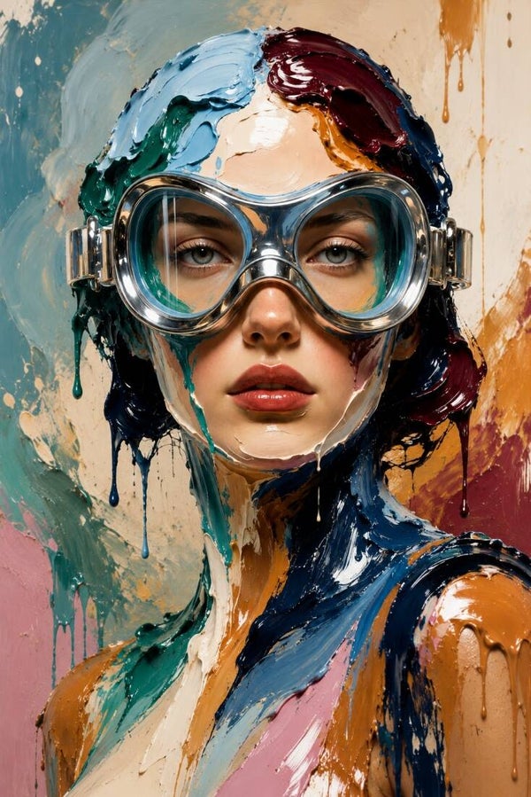 Painted Diver – Abstract vrouw schilderij met duikbril en verfstructuur