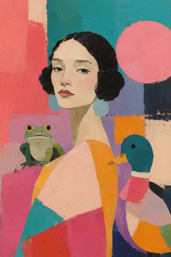 Vrolijke Vrienden – abstract vrouw schilderij met eend en kikker