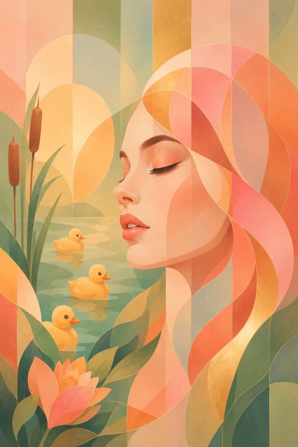 Zonspiegeling – abstract vrouw schilderij met eendjes, waterlelies en geometrische vormen