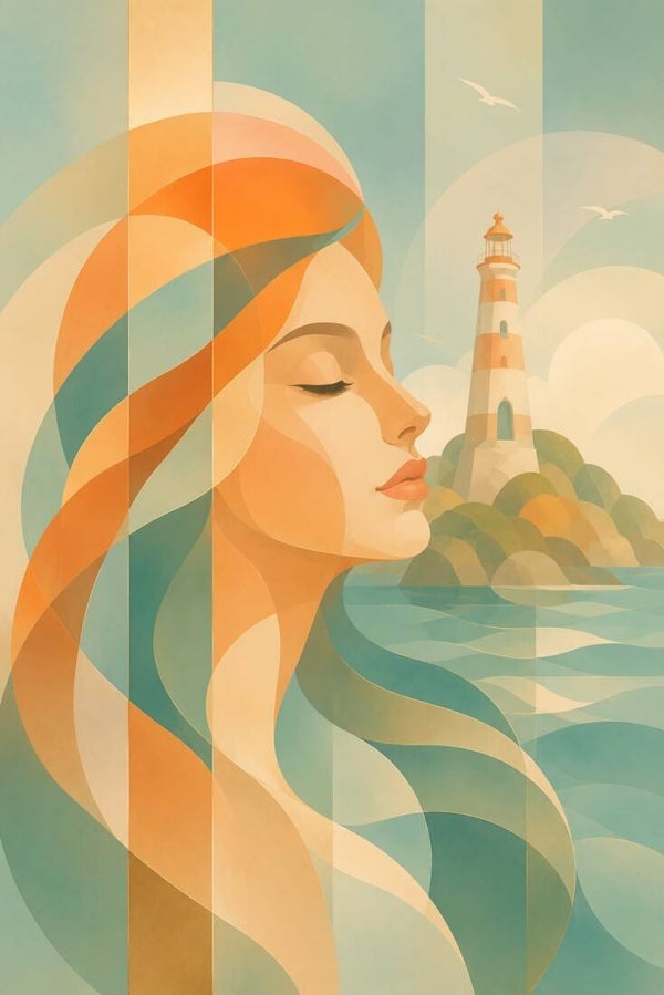 Kustfluistering – abstract vrouw schilderij met vuurtoren, zee en zachte pastelkleuren