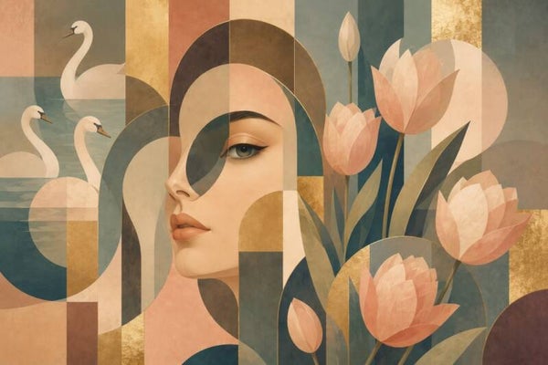 Zwanenfluistering – abstract vrouw schilderij met zwanen en lotusbloemen