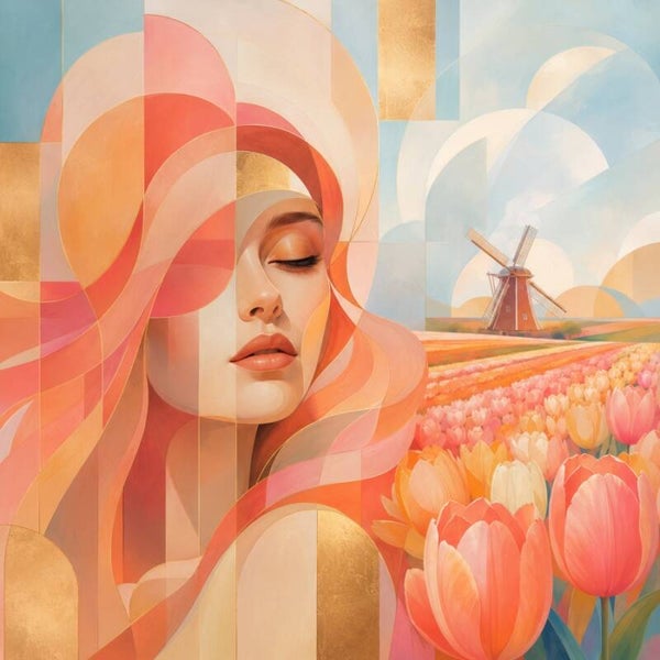 Tulpendroom in Licht – abstract vrouw schilderij met tulpenveld