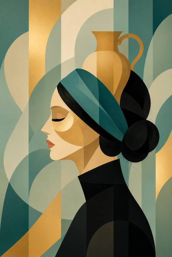 Stille Elegantie – abstract vrouw schilderij met vaas en geometrische vormen
