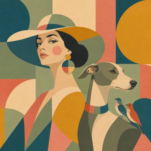 Stille Metgezellen – abstract vrouw schilderij met windhond en vogels