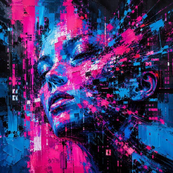 Neon Fragment – Abstract Vrouwenportret Schilderij Roze Blauw Cyber Art