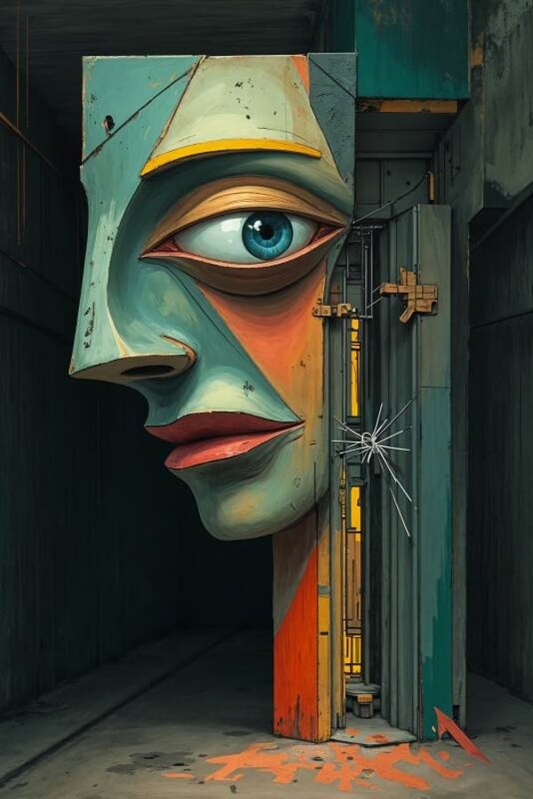 Fragment van Bewustzijn – surrealistisch gezicht in geometrische dimensie