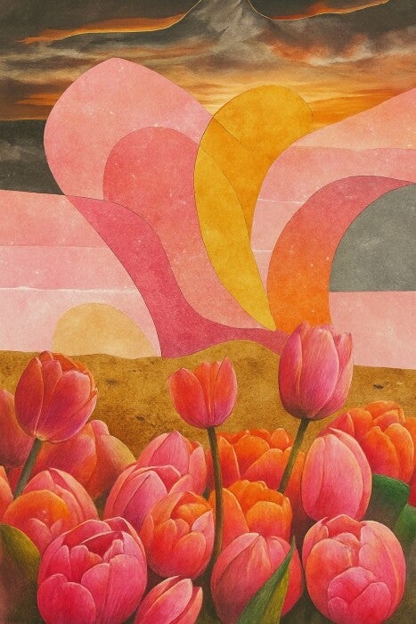 Tulpentwist – abstract schilderij met tulpen en zonsondergang